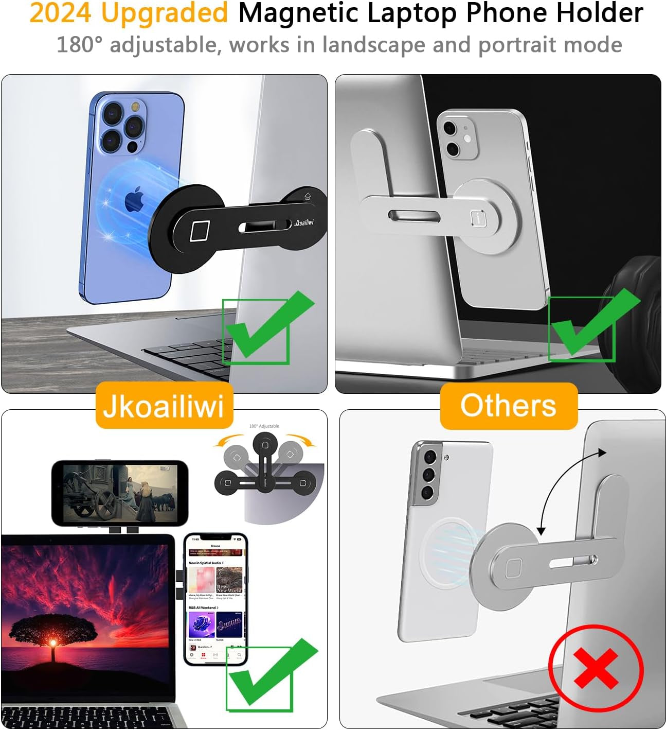 Dual Screen Magnetic Phone Holder for Laptop - Adjustable Slim Phone Mount for Monitor'S Top and Side - Computer Extension Bracket for Tesla, Magsafe Iphone 15/14/13/12 & All Phones, Silver